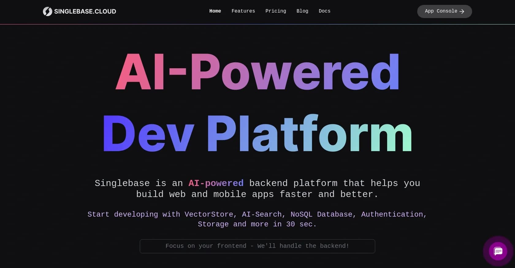 Singlebase homepage screenshot — AI-powered backend platform for faster app development