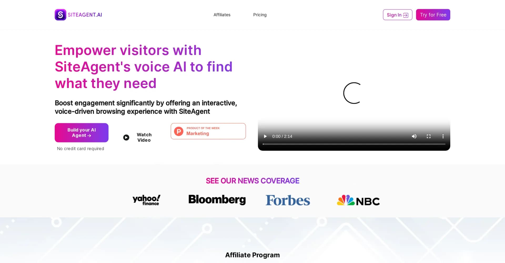 SiteAgent homepage screenshot — AI-powered voice engagement for website sales