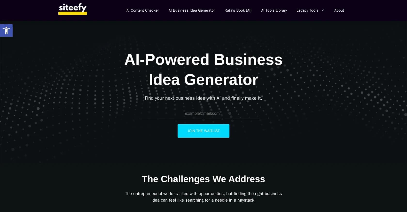 Siteefy business names homepage screenshot — Generate innovative business ideas with AI