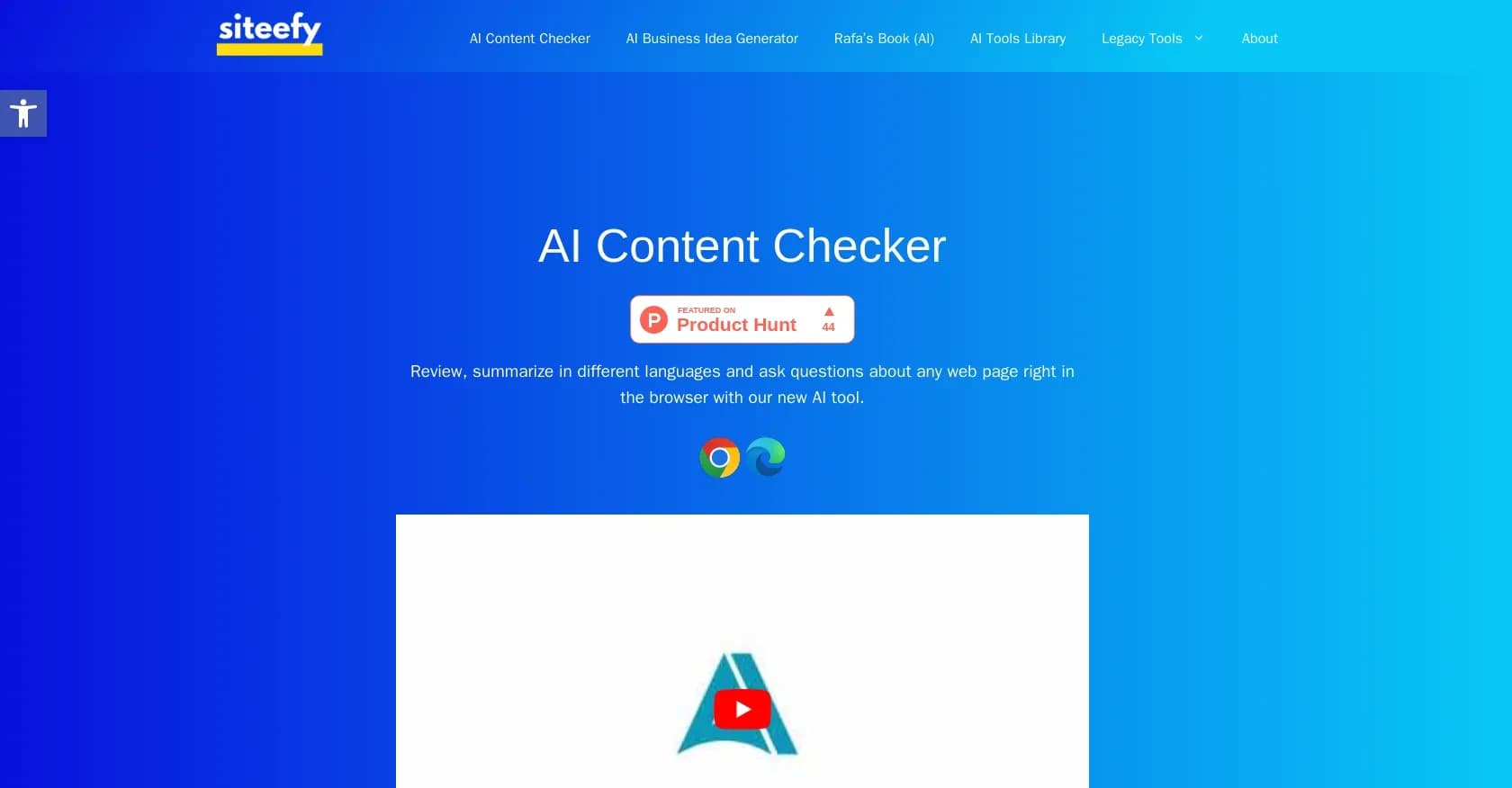 Siteefy content checker homepage screenshot — Check AI content instantly for faster publishing.