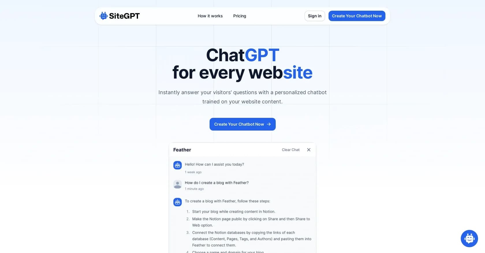 SiteGPT homepage screenshot — ChatGPT for every website