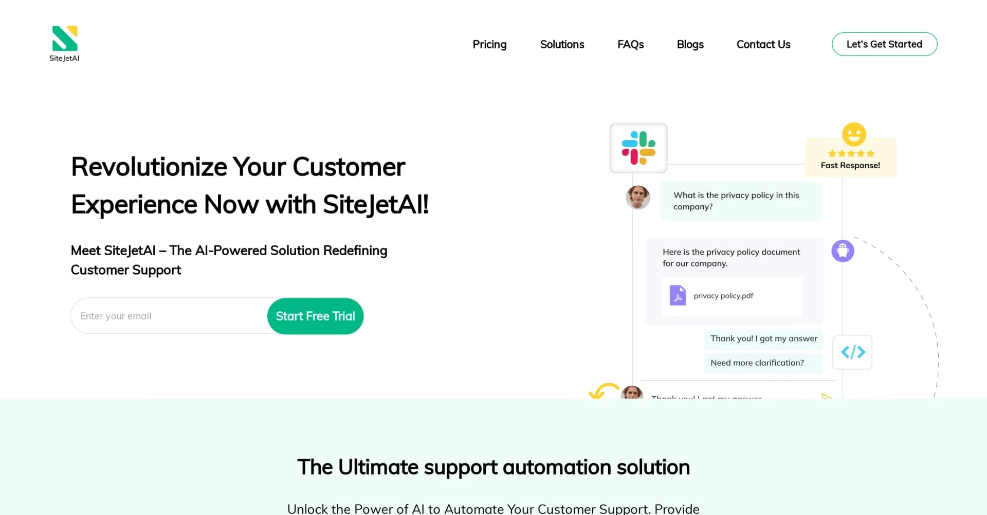 SiteJetAI homepage screenshot — AI-powered chatbot for seamless customer support