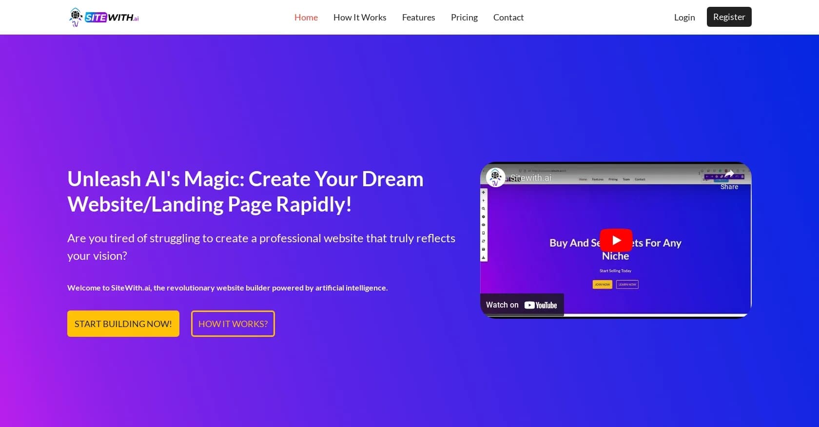 Sitewith.ai homepage screenshot — AI-powered website builder: Vision to reality in 3 steps.