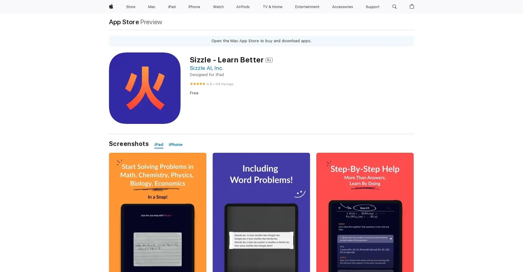 Sizzle homepage screenshot — Enhanced educational experiences via learning app.
