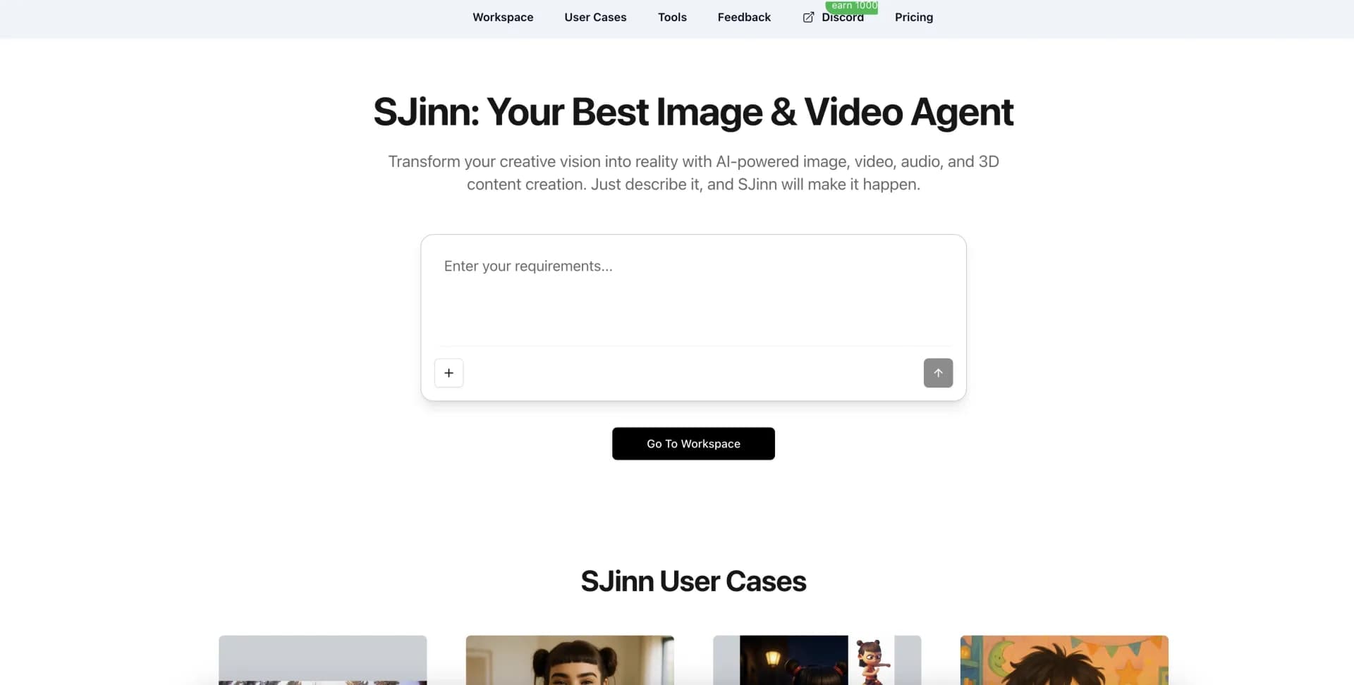 SJinn homepage screenshot — AI-powered content creation from text to visuals.