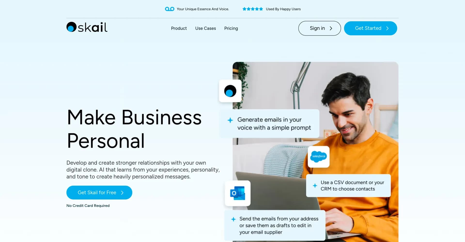 Skail homepage screenshot — Be yourself at scale through AI email automation
