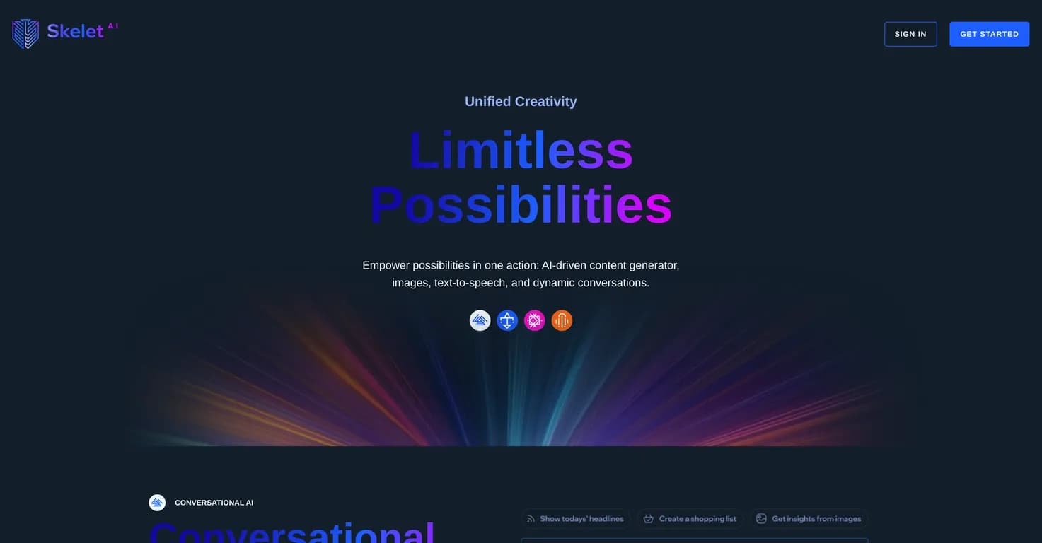 Skelet AI homepage screenshot — Empower creativity with AI-driven content generation.