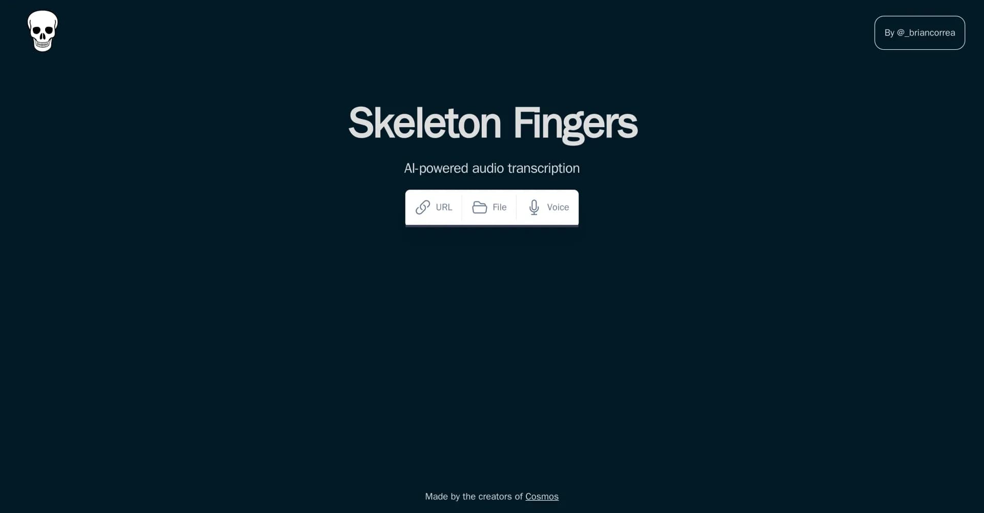 Skeleton Fingers homepage screenshot — Transcribe audio instantly from any source.