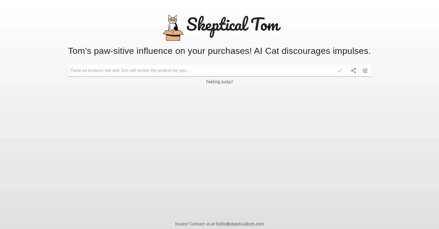 Skepticaltom homepage screenshot — Your AI feline shopping guardian.