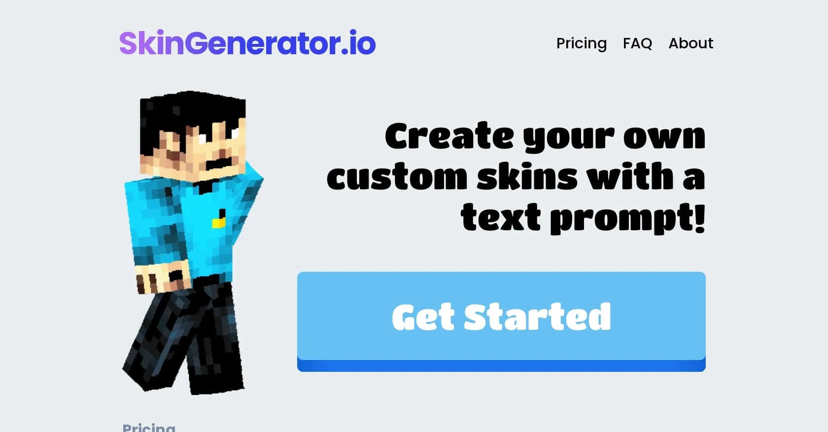 SkinGenerator.io homepage screenshot — Create custom Minecraft skins with text prompts.