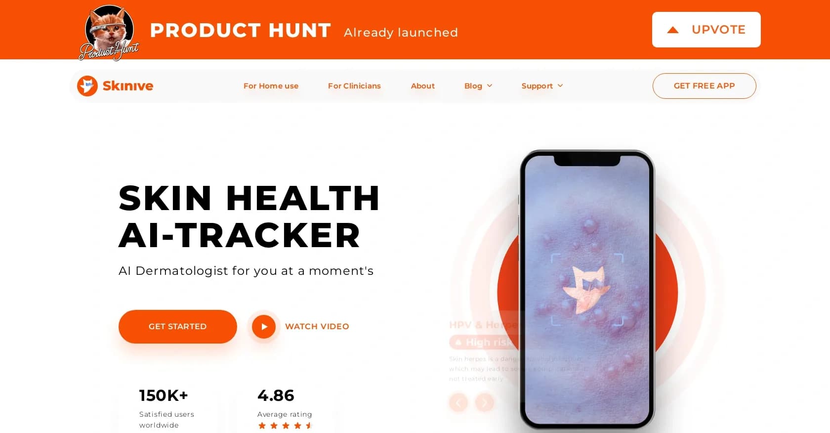 Skinive homepage screenshot — AI-powered skin health tracking at home