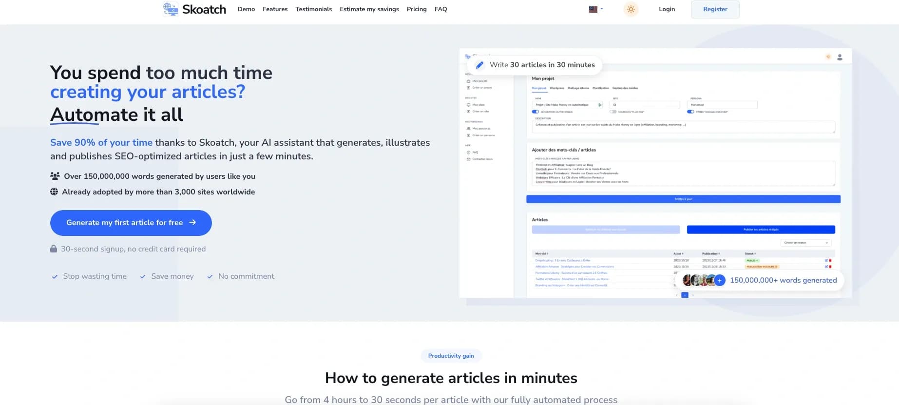 Skoatch homepage screenshot — AI assistant that generates SEO-optimized articles in minute