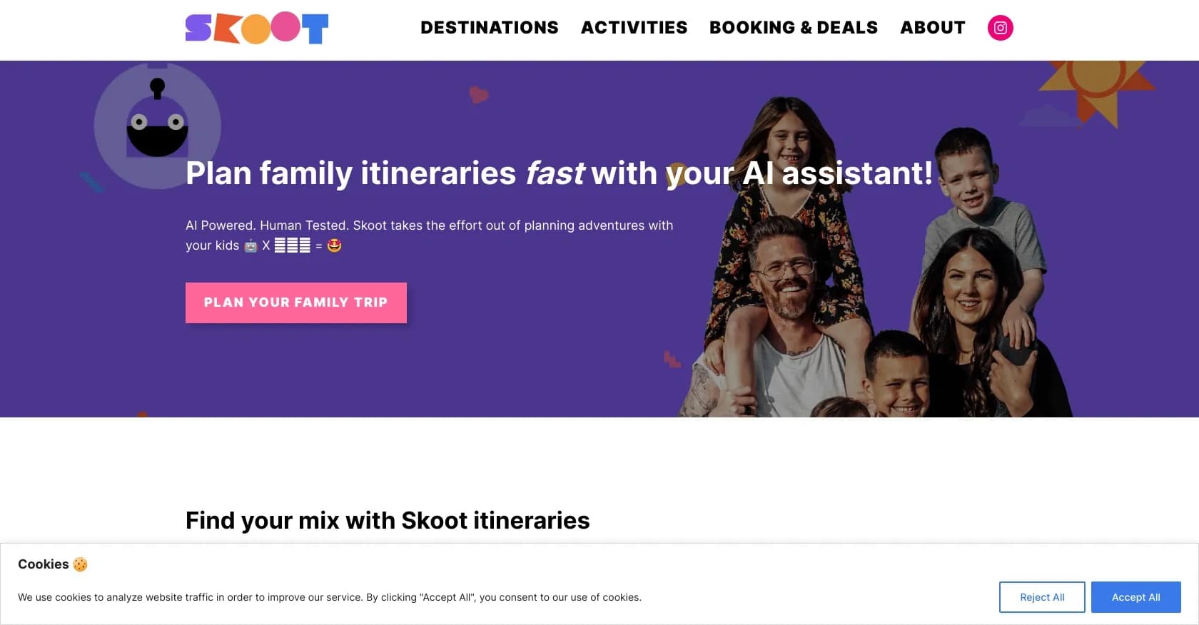 Skoot homepage screenshot — AI travel planner for family-friendly adventures