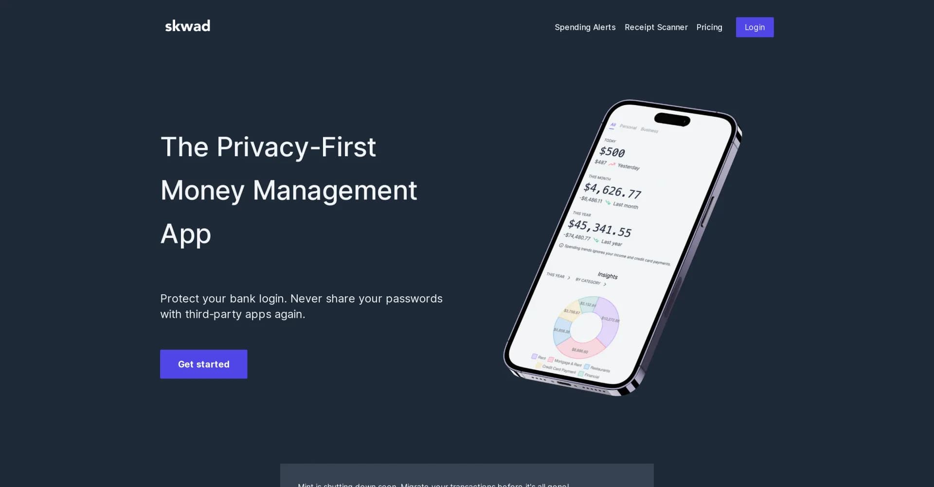 Skwad homepage screenshot — Manage money privately, without sharing bank logins.