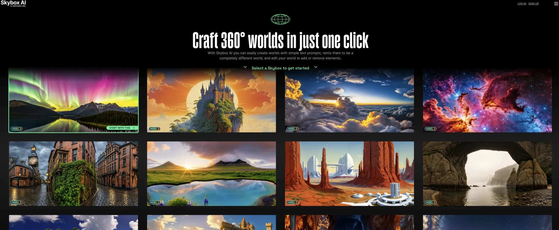 Skybox Lab homepage screenshot — Generate stunning panoramic views with AI.