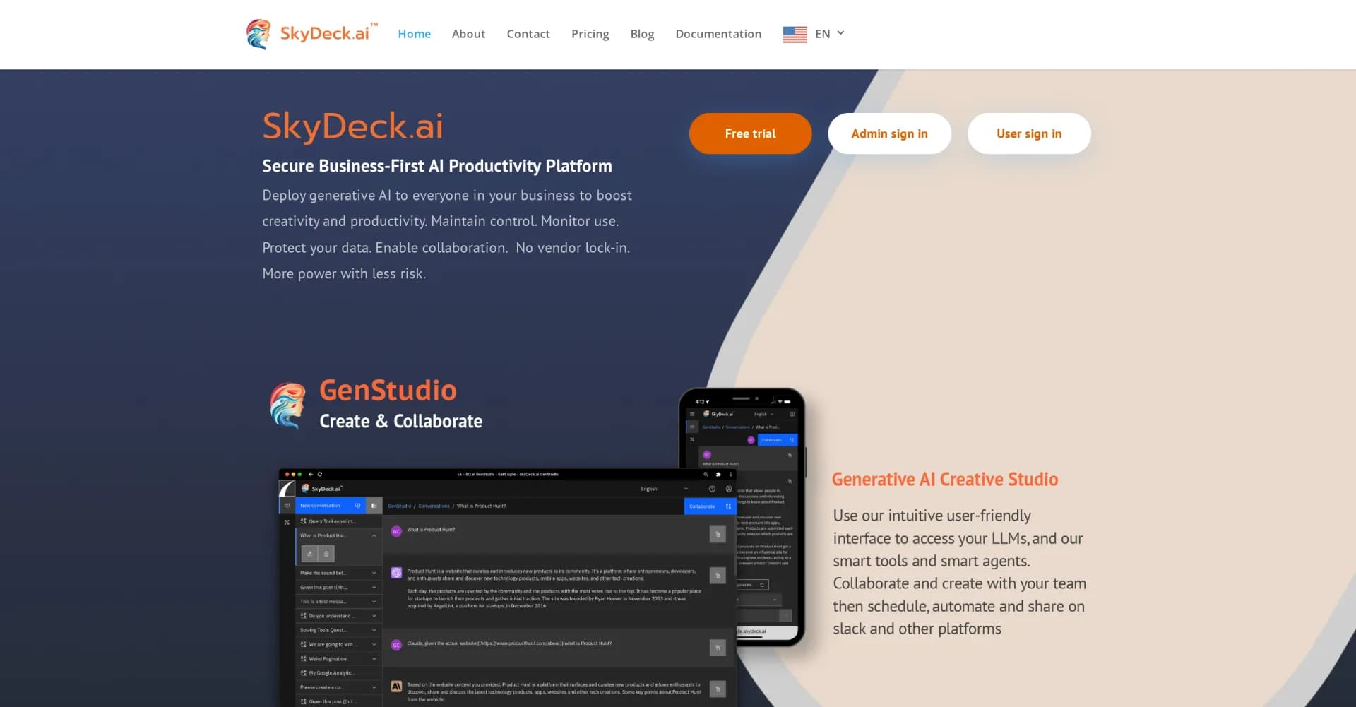 SkyDeck AI homepage screenshot — Securely scale AI across your business