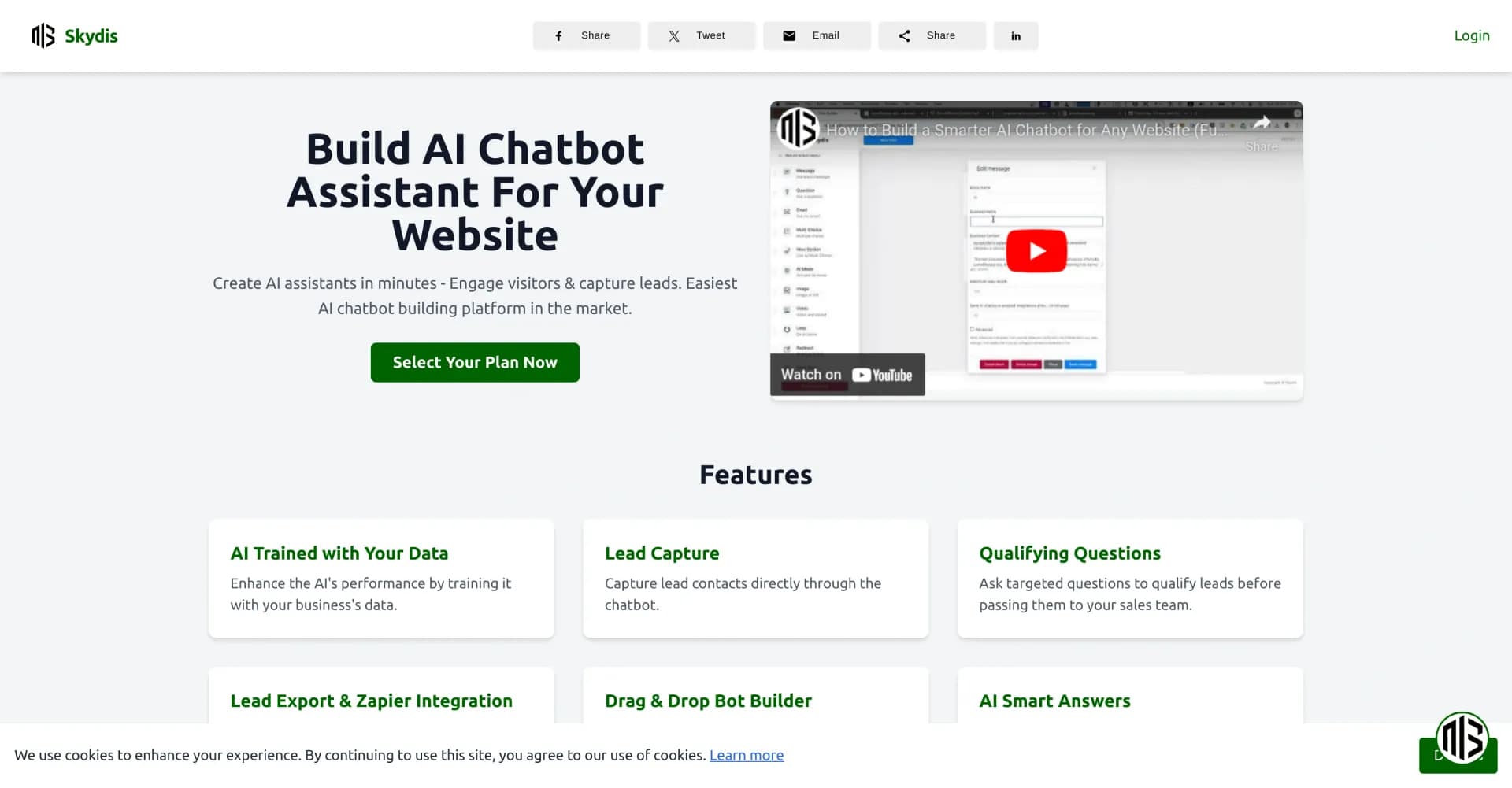 Skydis homepage screenshot — Create AI chatbots that engage visitors and capture leads.