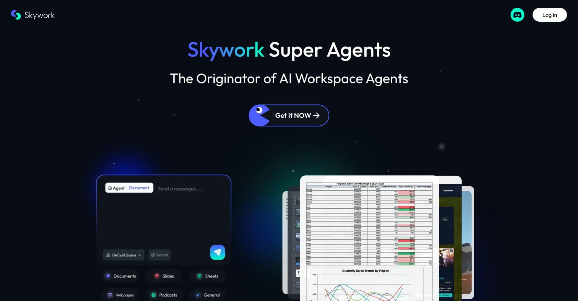 Skywork homepage screenshot — AI agents to boost productivity and conquer paperwork.