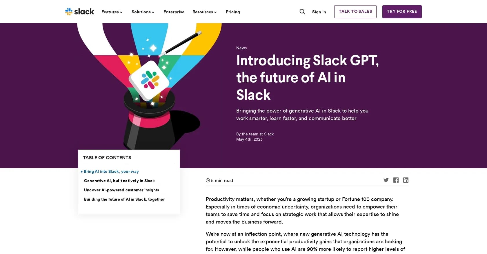 Slack GPT homepage screenshot — AI-powered collaboration for smarter work