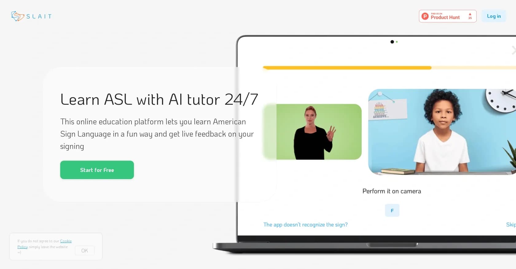 SLAIT School homepage screenshot — Learn American Sign Language with AI feedback 24/7