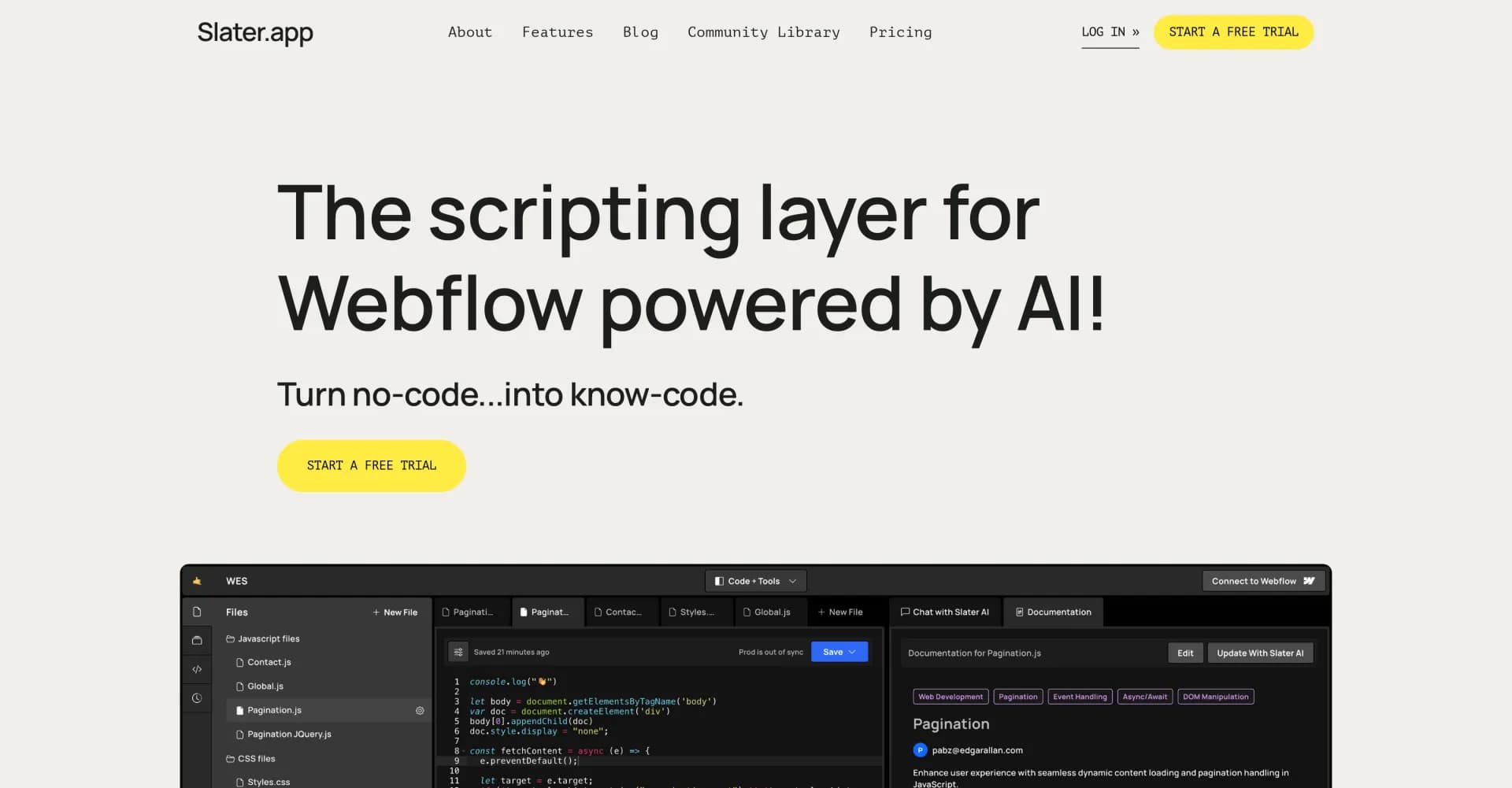 Slater homepage screenshot — AI-powered custom code for Webflow, without limits.