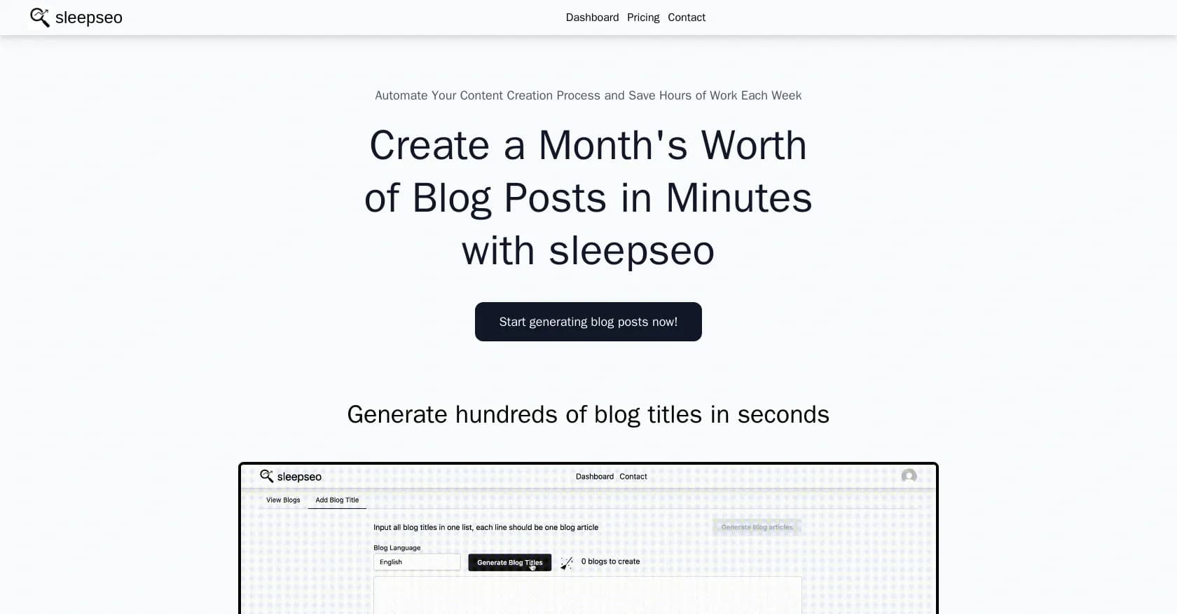 SleepSeo homepage screenshot — Automate content creation in minutes, not hours.
