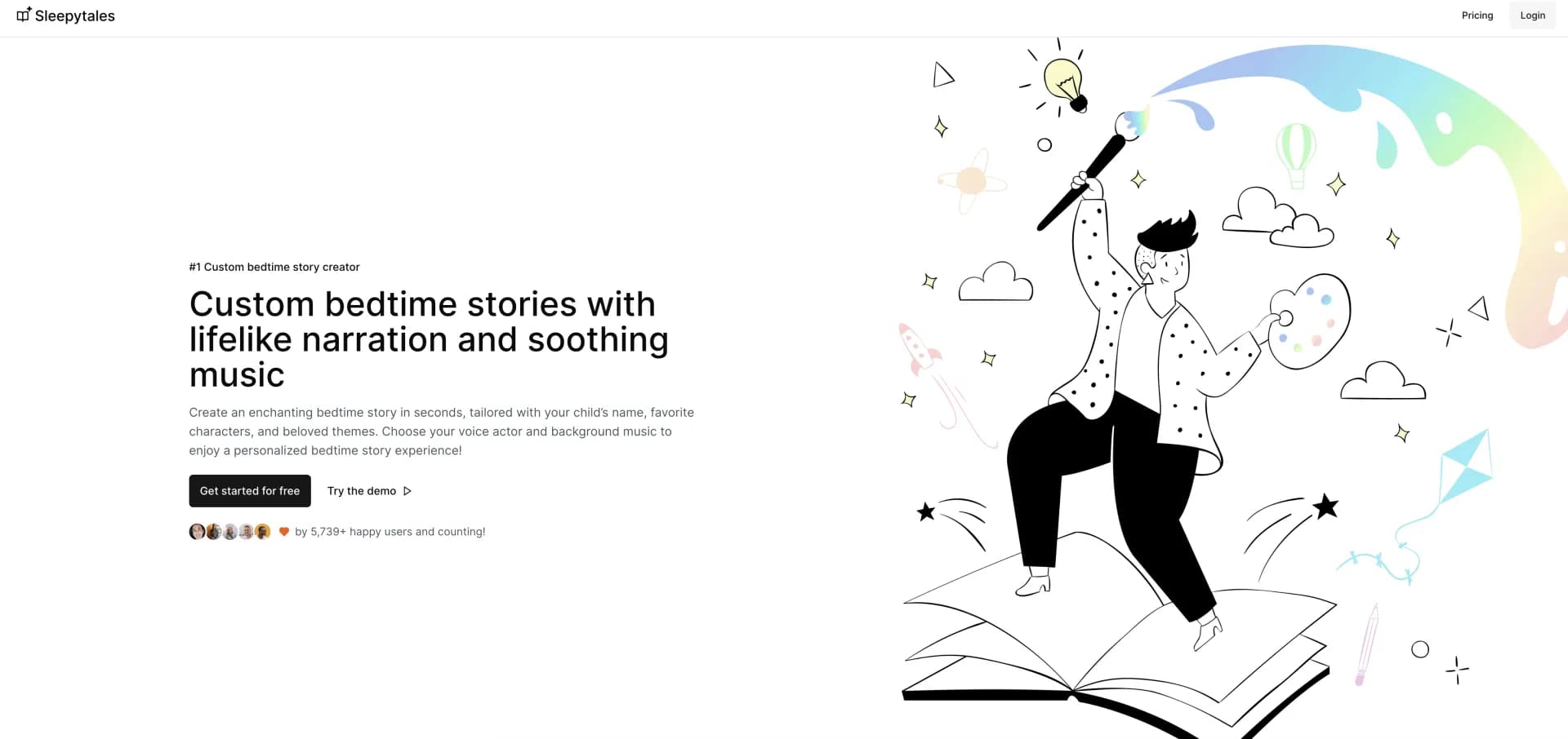 SleepytalesAI homepage screenshot — AI-generated bedtime stories with personalized narration