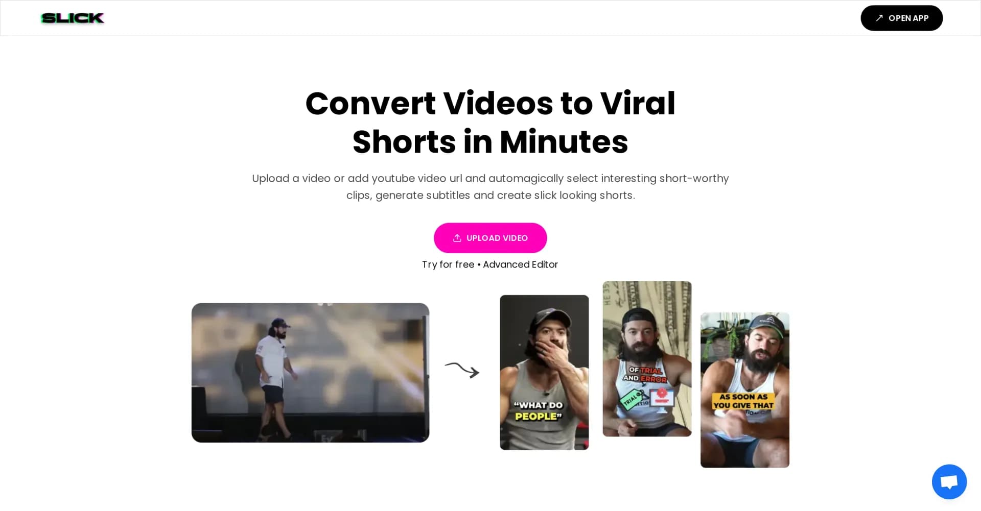 Slick.is homepage screenshot — Convert videos into viral shorts effortlessly.