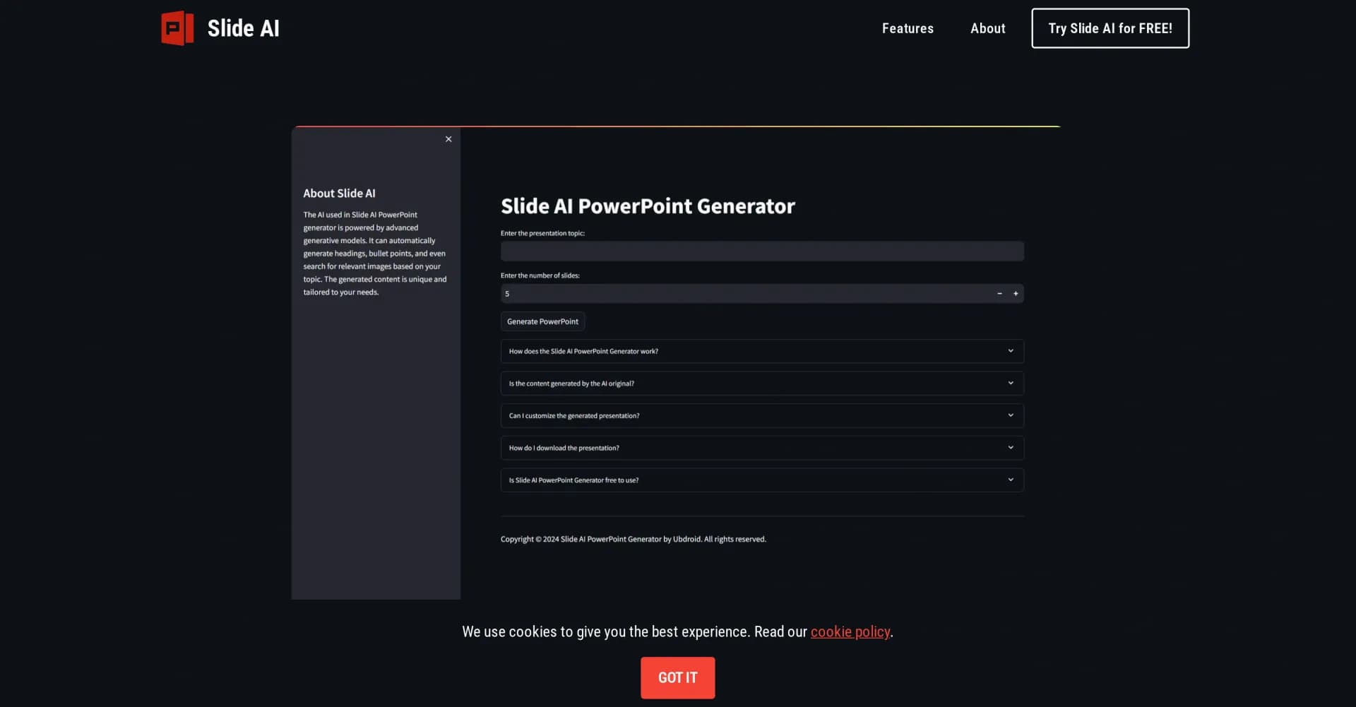 SlideAI homepage screenshot — Create professional presentations effortlessly with AI.