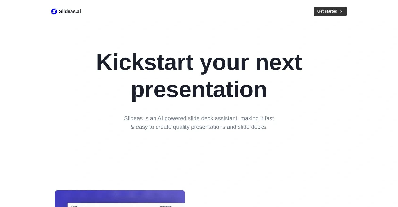 Slideas homepage screenshot — Create quality presentations with AI in minutes.