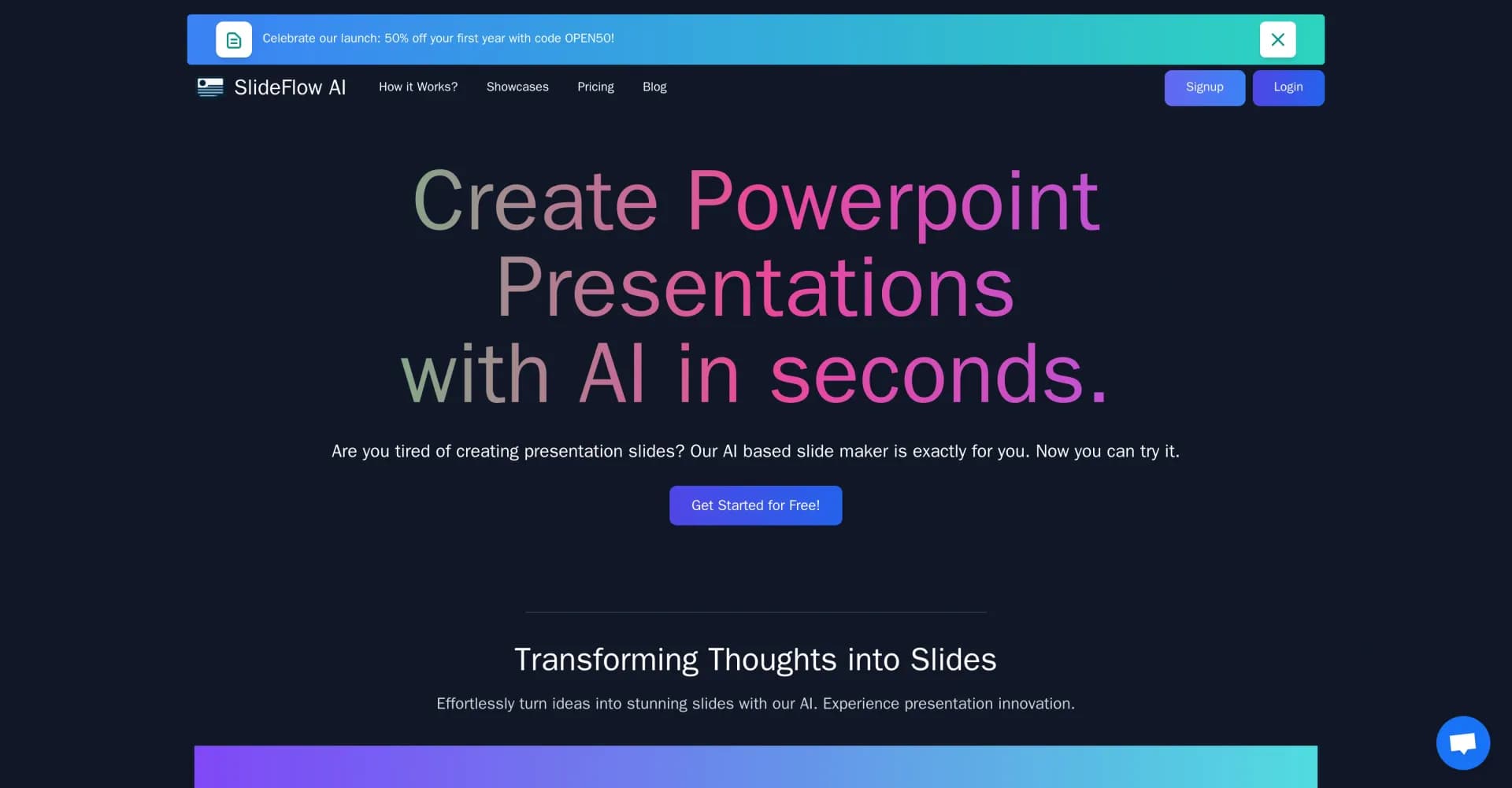 SlideFlow homepage screenshot — Create PowerPoint presentations with AI in seconds