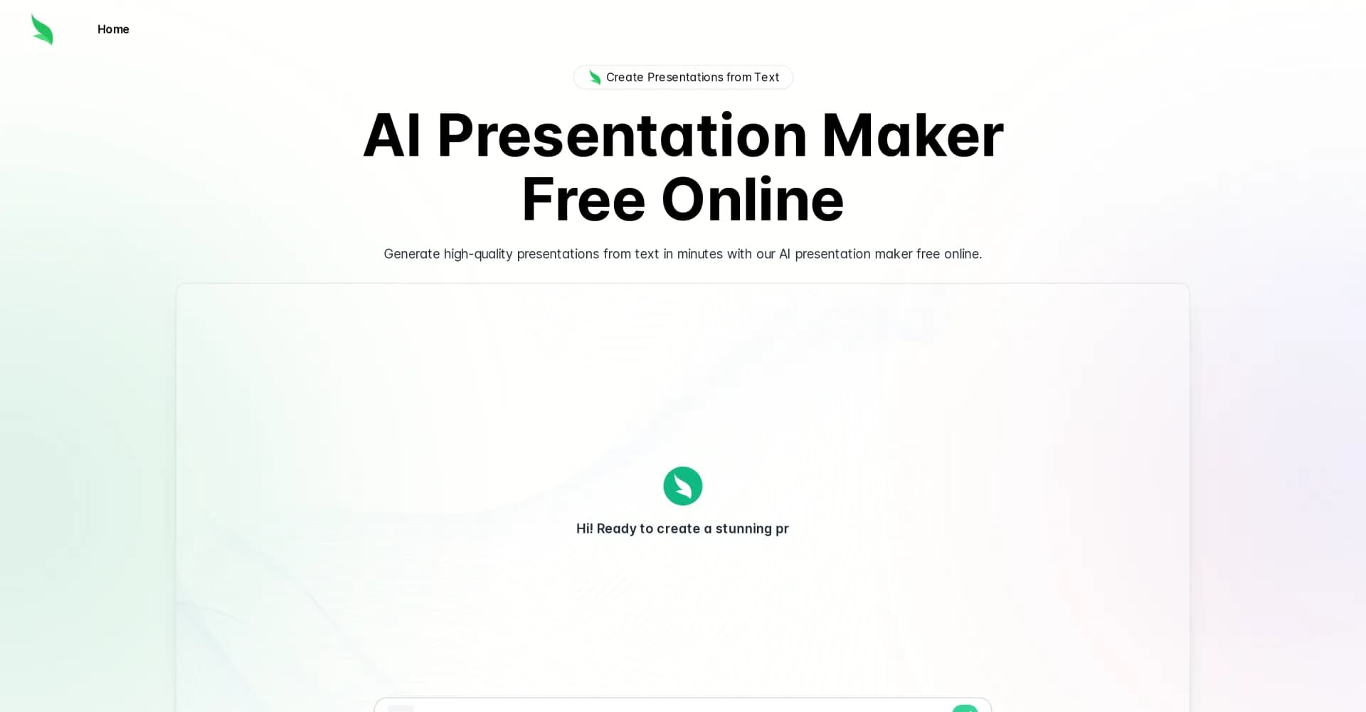 Slides Bot homepage screenshot — Create professional slides from text in minutes