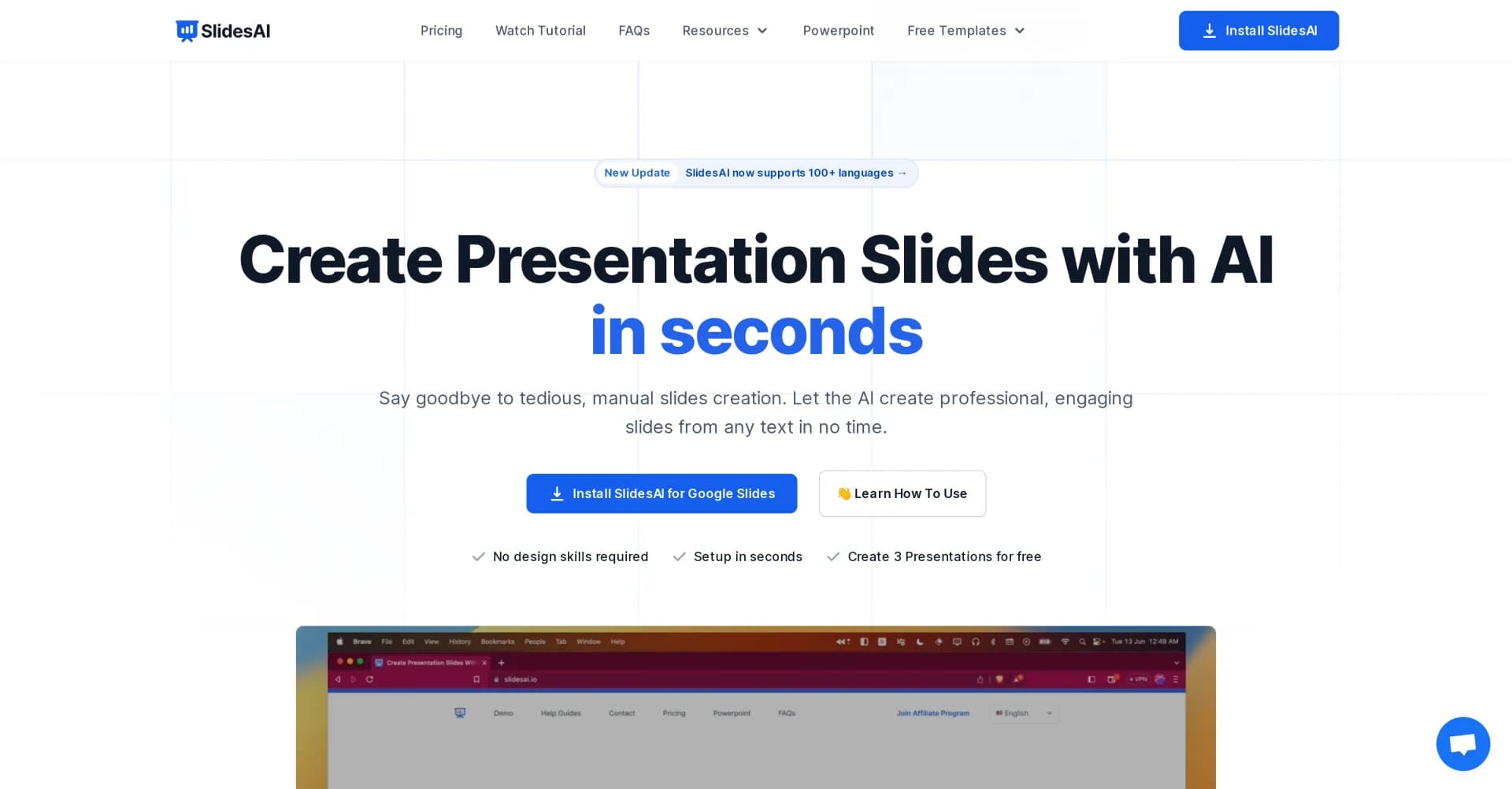SlidesAI homepage screenshot — Create presentation slides with AI in seconds.