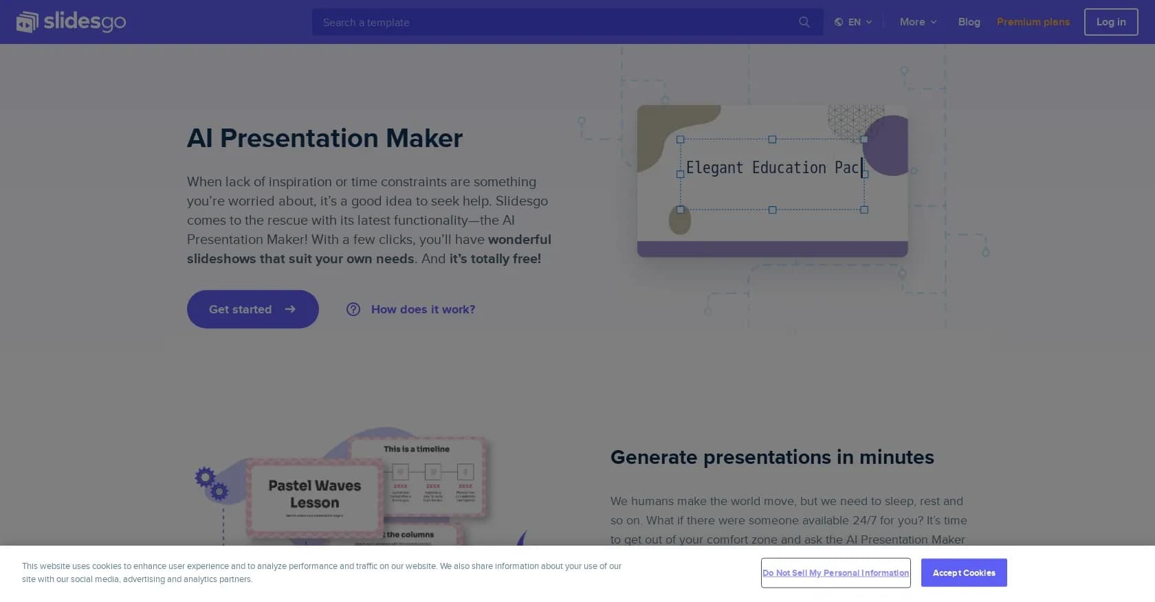 SlidesGo homepage screenshot — Create customizable presentations in seconds with AI