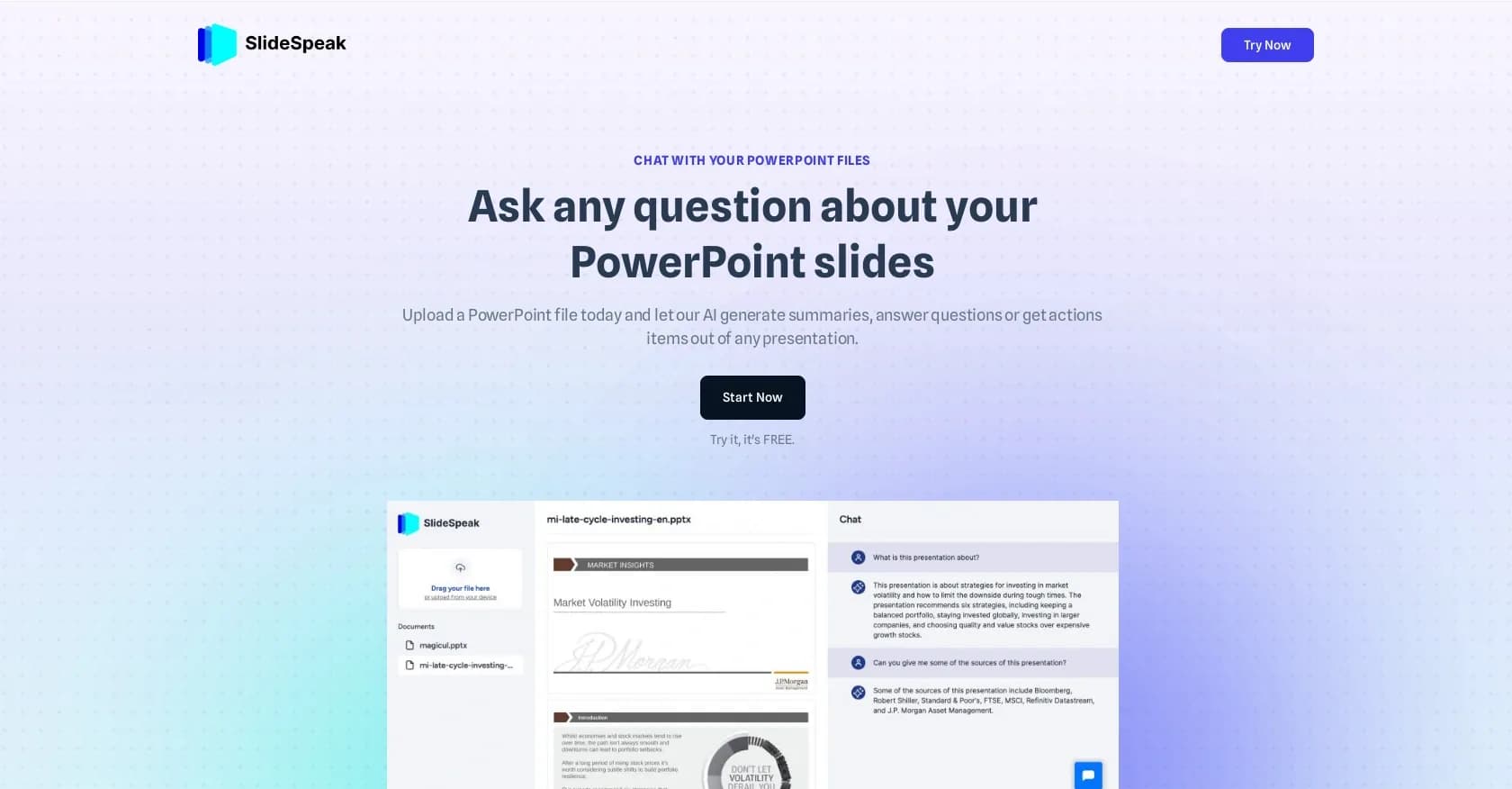 SlideSpeak homepage screenshot — Chat with your PowerPoint files