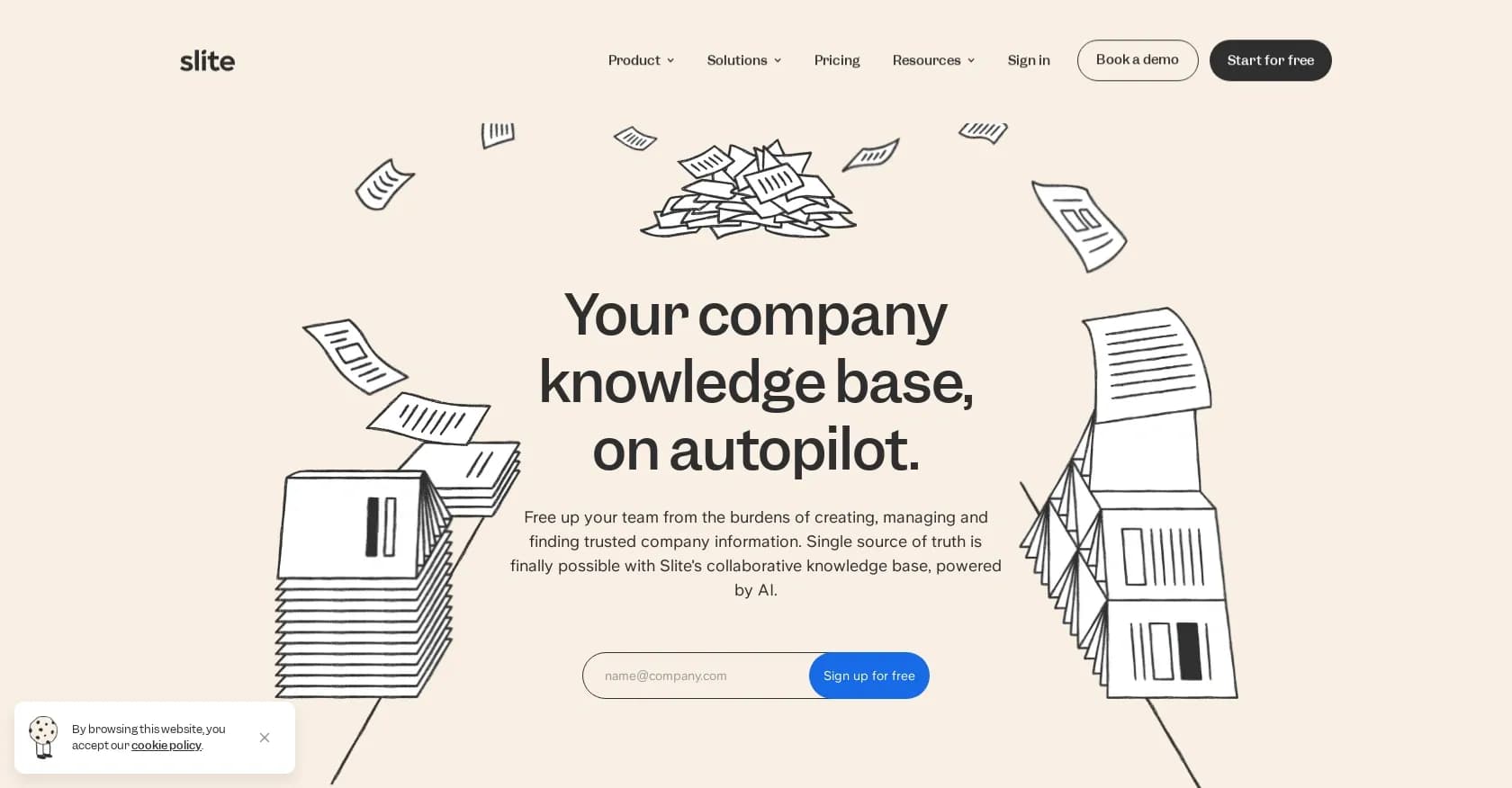 Slite homepage screenshot — AI-powered knowledge base for instant company info