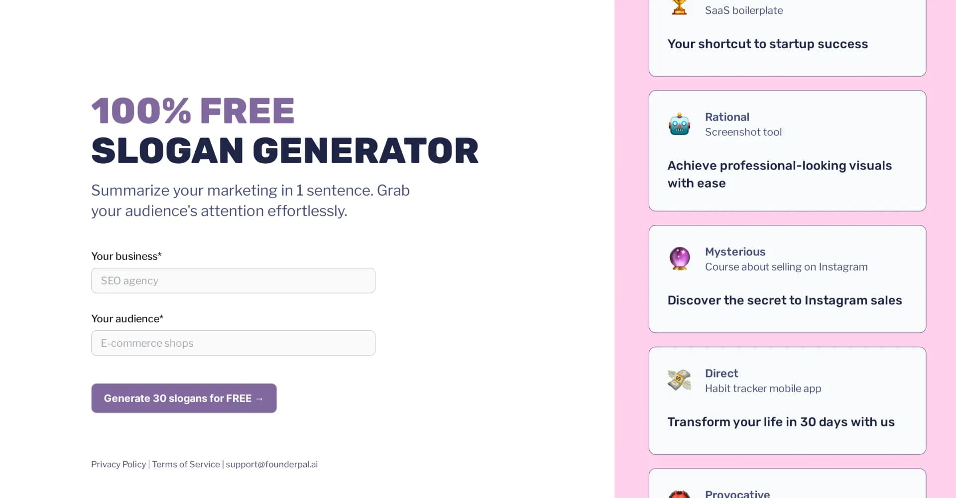 Slogan Generator homepage screenshot — Generate catchy taglines for your business in seconds
