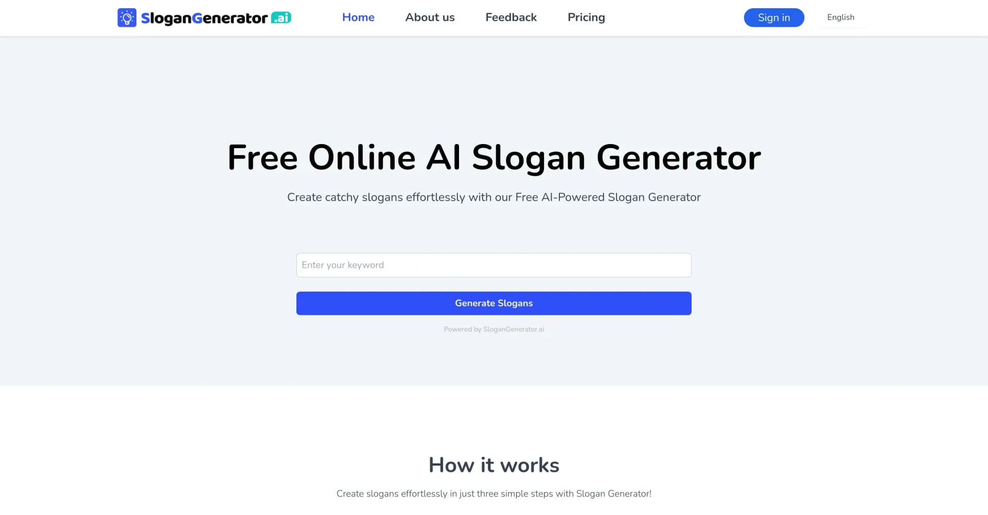 Slogan Generator homepage screenshot — Create catchy slogans effortlessly with AI