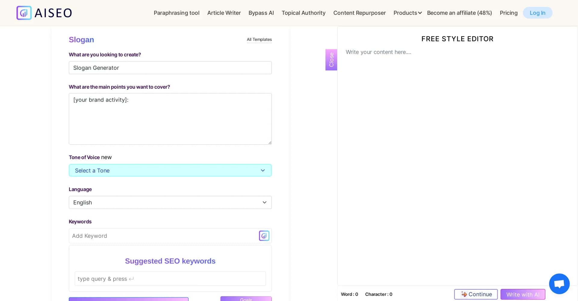AISEO Slogan Generator homepage screenshot — Create catchy slogans instantly with AI