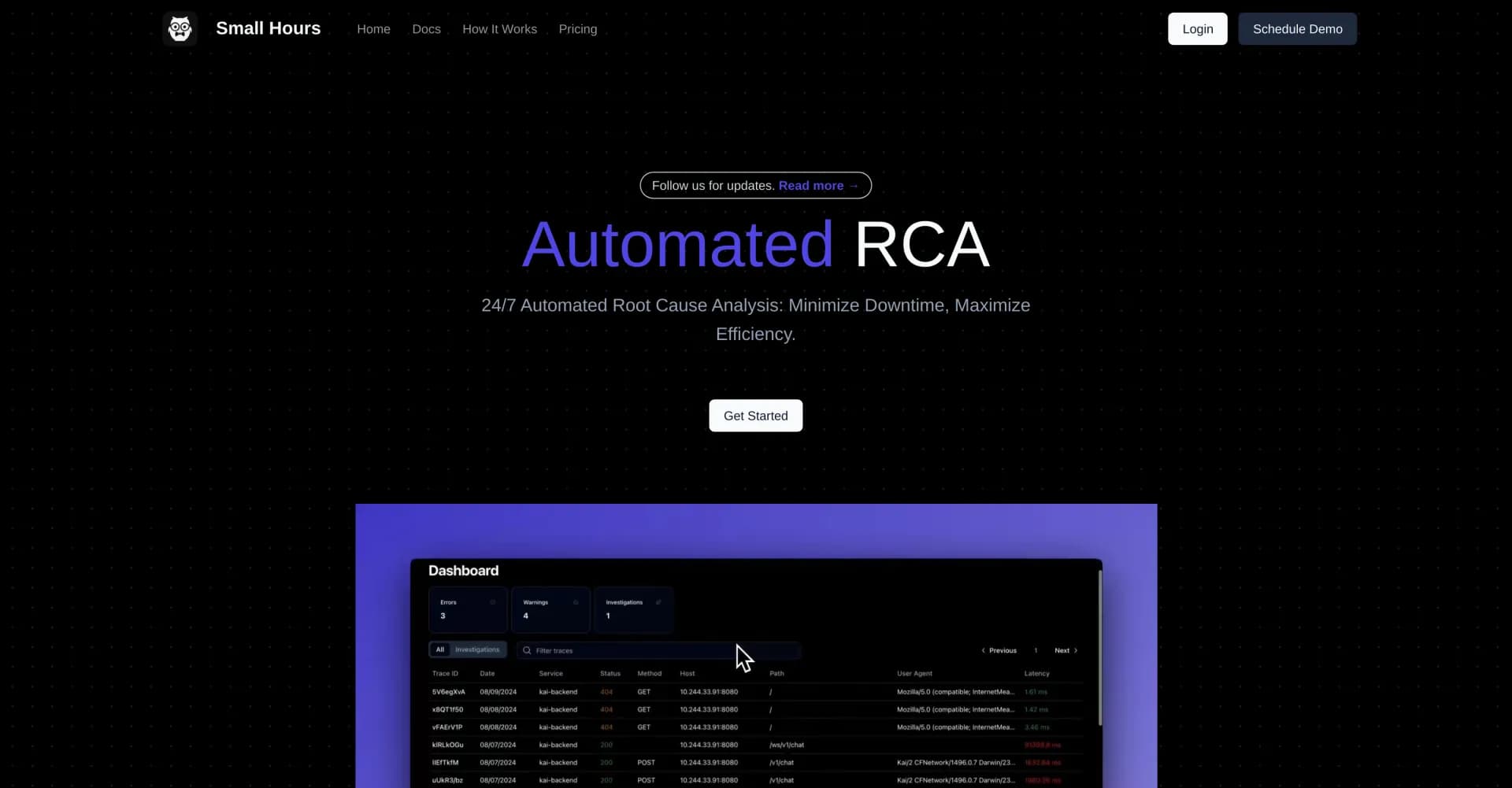 Small Hours homepage screenshot — 24/7 Automated Root Cause Analysis for minimal downtime