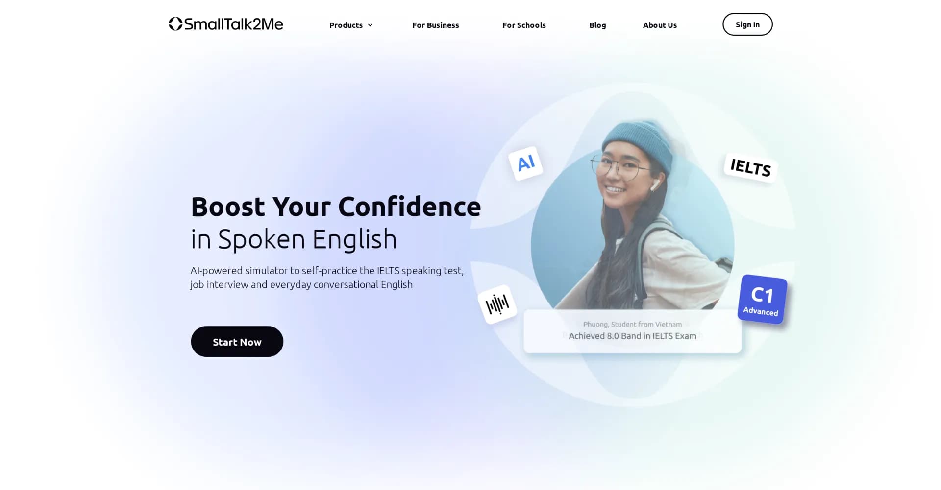 SmallTalk2Me homepage screenshot — Master spoken English with AI-powered simulations.