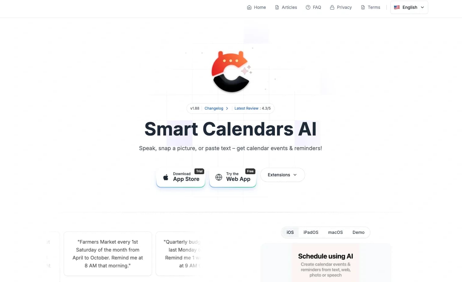 Smart Calendars AI — Plan fast & easy homepage screenshot — Turn text, photos, voice into events & reminders in seconds