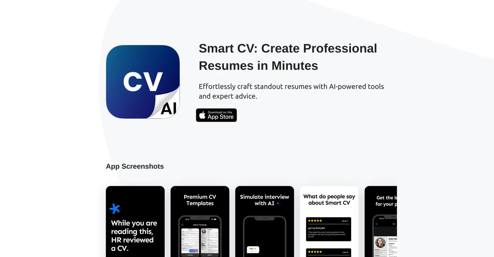 Smart CV: Resume Maker homepage screenshot — Create professional resumes in minutes with AI