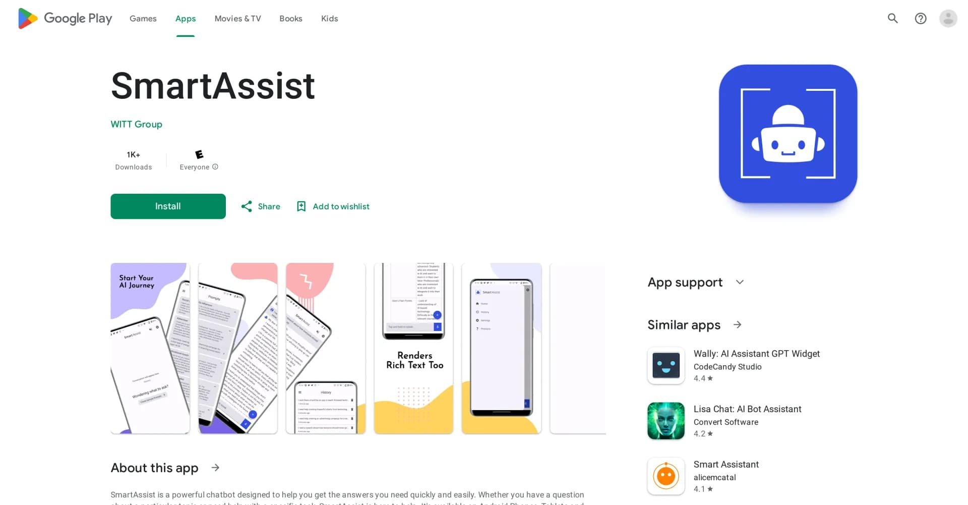 SmartAssist homepage screenshot — AI-powered ChatBot for answering queries