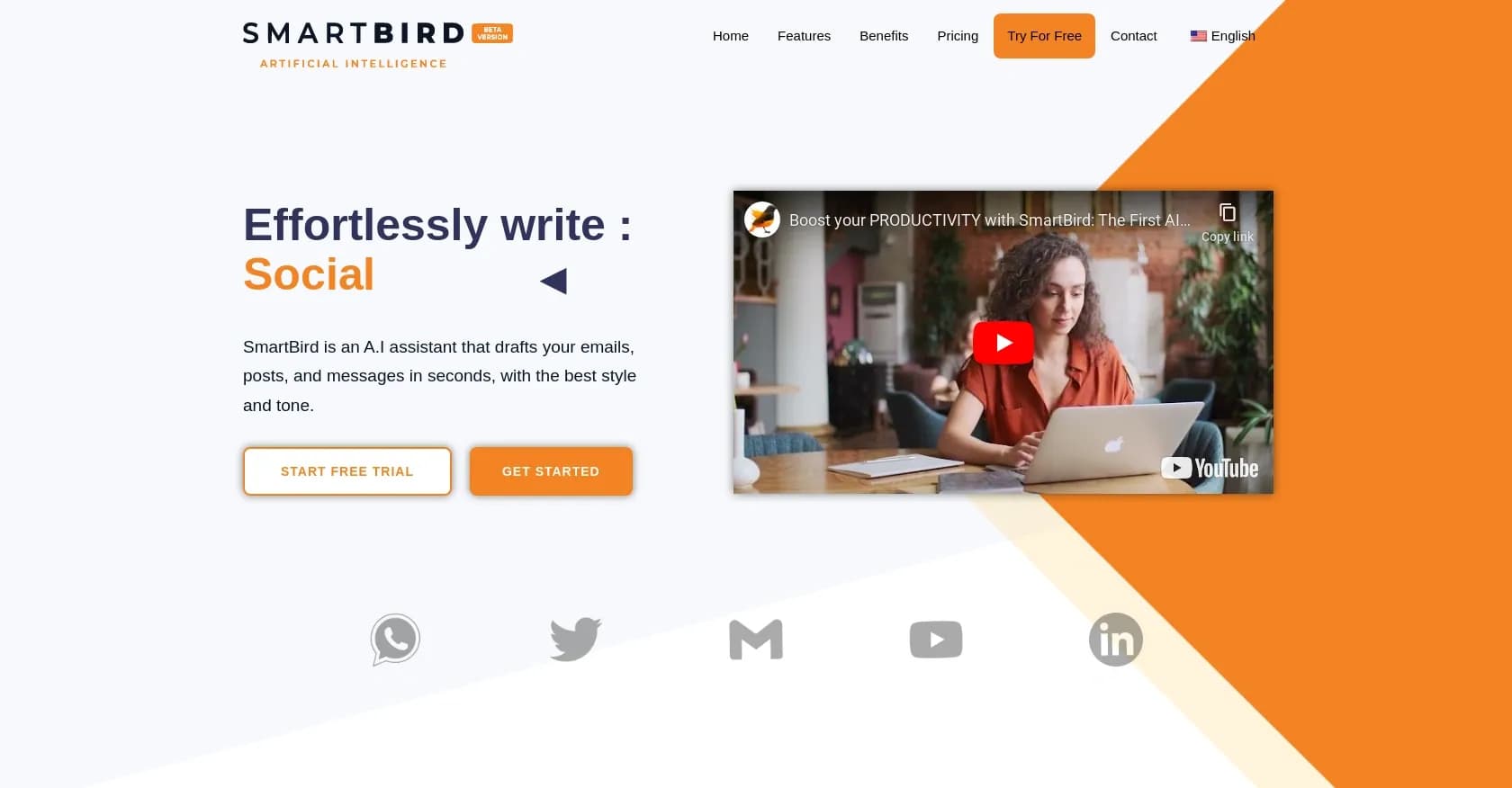 SmartBird homepage screenshot — AI assistant drafts emails, posts, and messages in seconds.