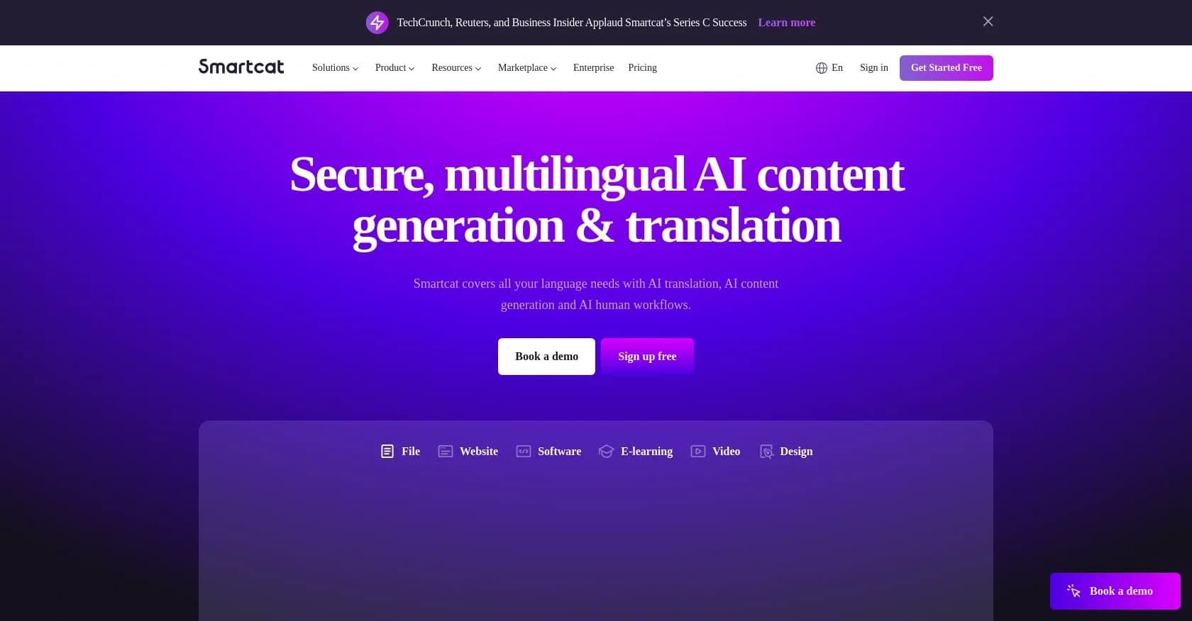 Smartcat homepage screenshot — One AI translation platform for content in any language
