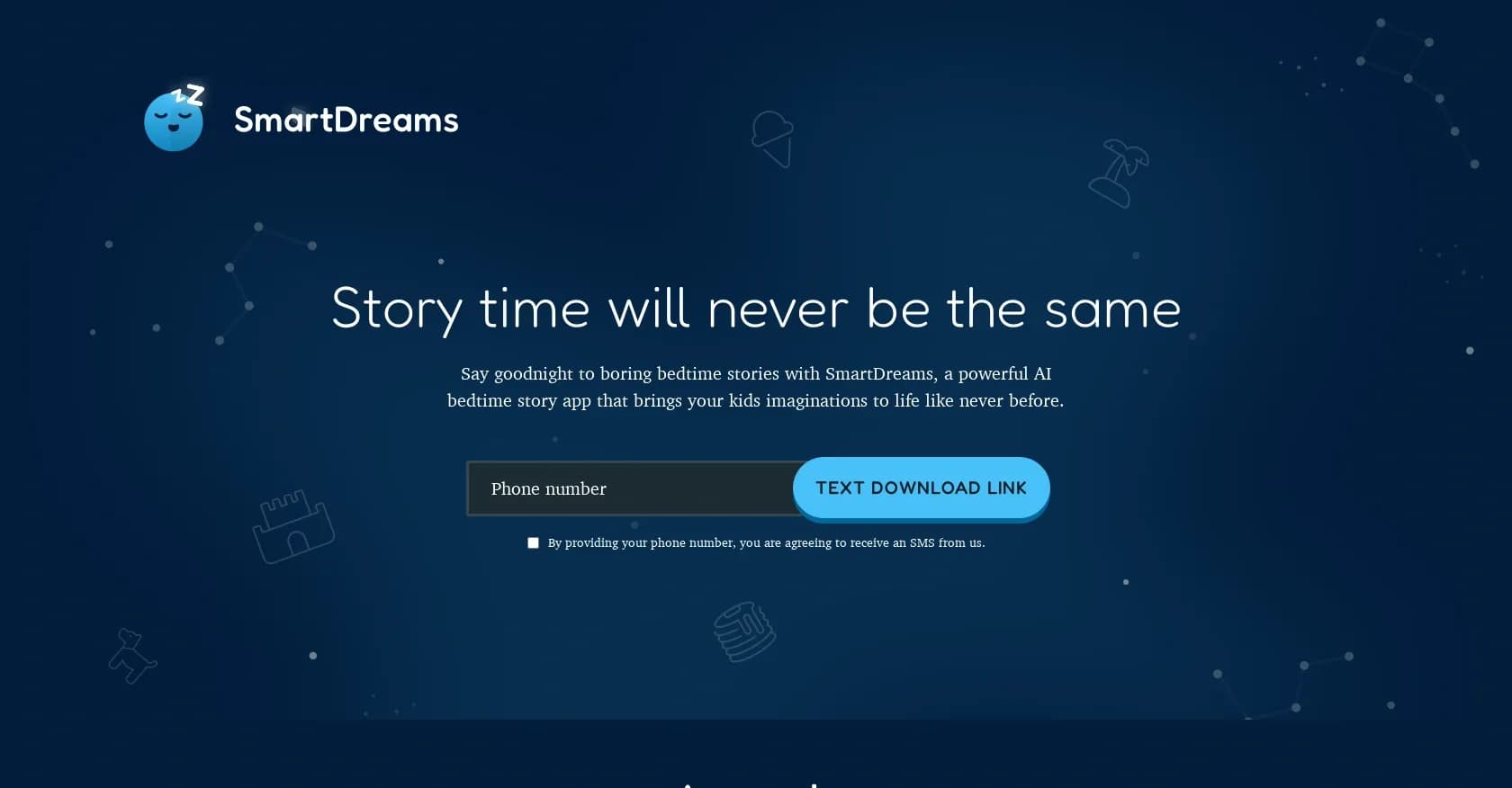SmartDreams homepage screenshot — AI bedtime stories that bring kids' imaginations to life