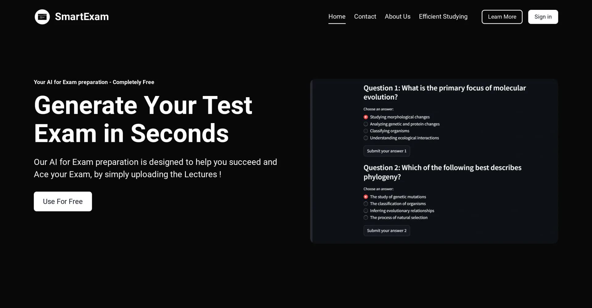 Smartexam homepage screenshot — AI-powered exam prep from PDFs to quizzes.