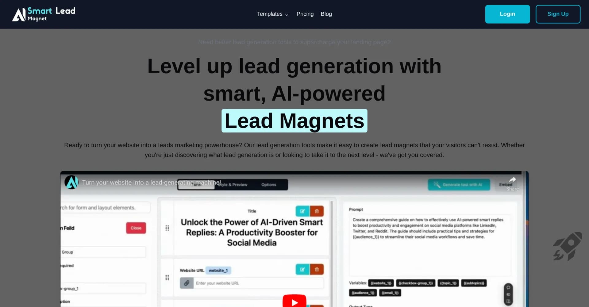 SmartLeadMagnet homepage screenshot — AI-powered lead magnets to supercharge lead generation.