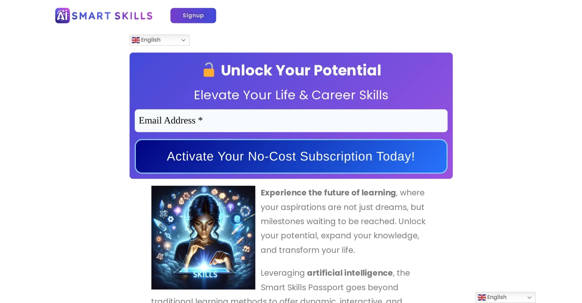 SmartLifeSkills homepage screenshot — Experience the future of learning, unlock your potential.